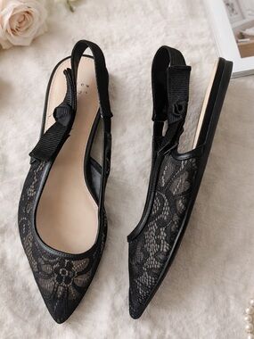 Black Lace Slingback Flats with Bow - Women Shoes elegant classy size 10